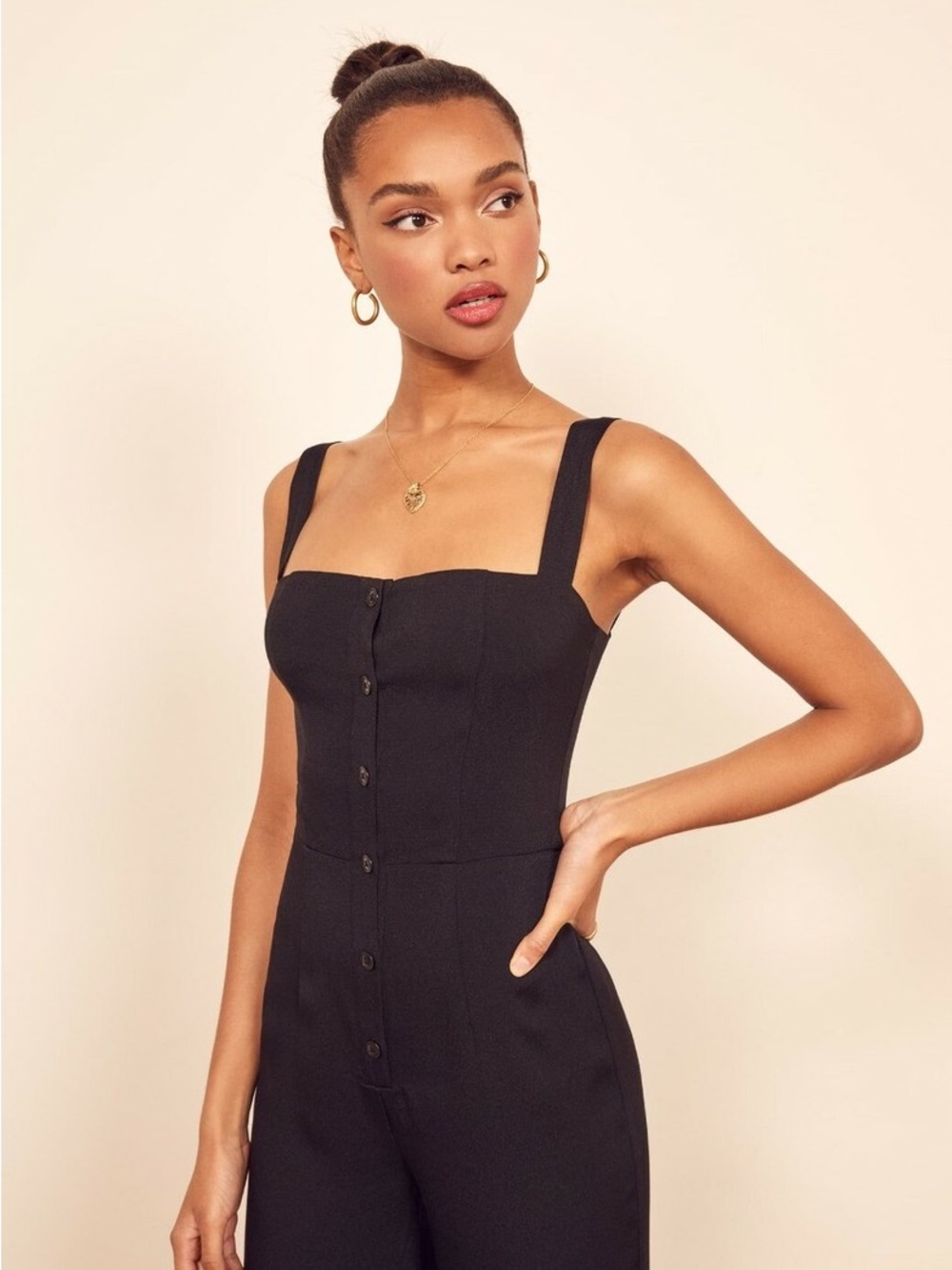 Reformation Black Square-Neck Button-Front Jumpsuit - Picture 2 of 6